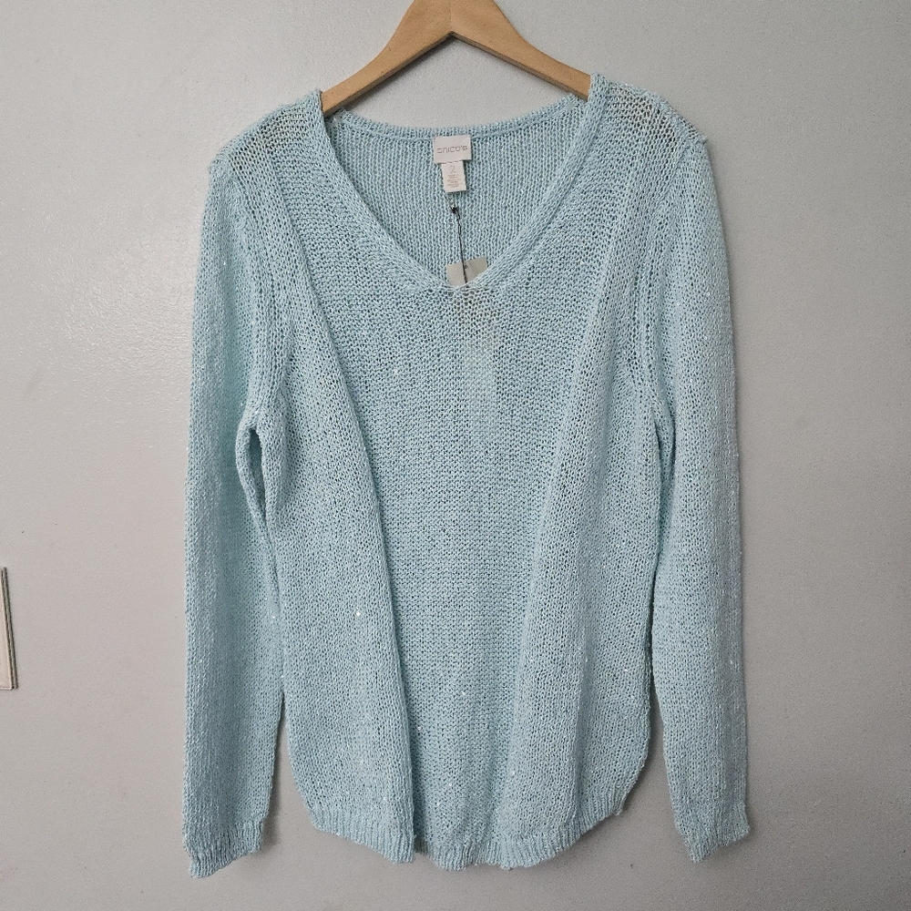 Chicos Samantha Shine V-Neck Pullover Sweater Frozen Aqua Sequins Size 2 Large
